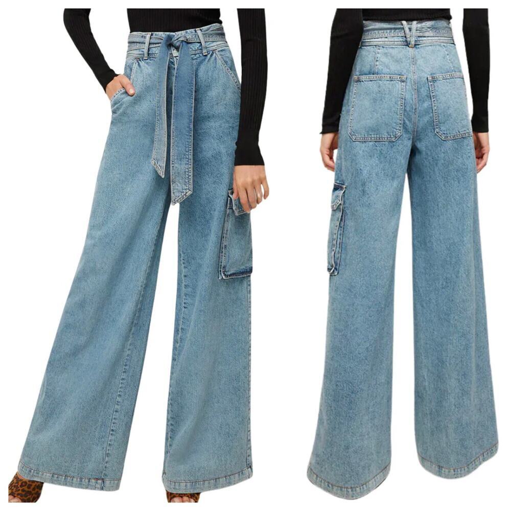 Veronica Beard Jeans BELISA Wide Leg High Rise Cargo Cotton Silverwood Wash 27
